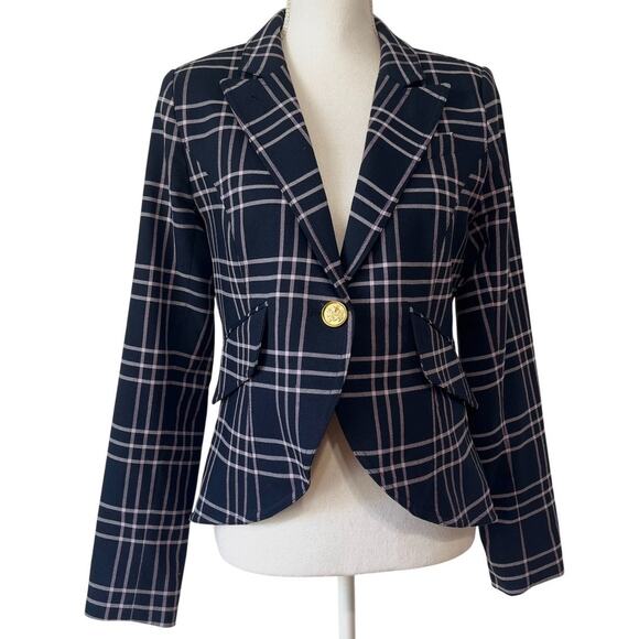 Smythe One Button Blazer Jacket Navy Lilac Plaid Check Grid Tartan Size 10 - Picture 2 of 9